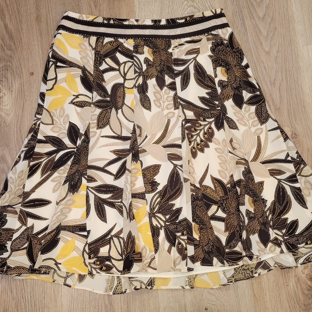 100% Silk Ann Taylor Yellow and Brown Floral A-Line Skirt